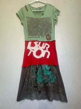 Woodstock '69 Graphic Patchwork Maxi Dress Mint, Red, Teal, Gray Sz M